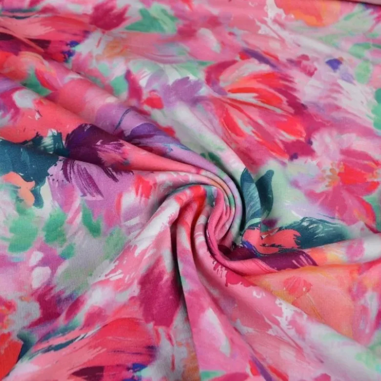 Tissu Sweat French Terry – Motif Fleurs Fuchsia Abstraites - Poppy
