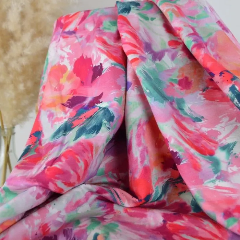 Tissu Sweat French Terry – Motif Fleurs Fuchsia Abstraites - Poppy
