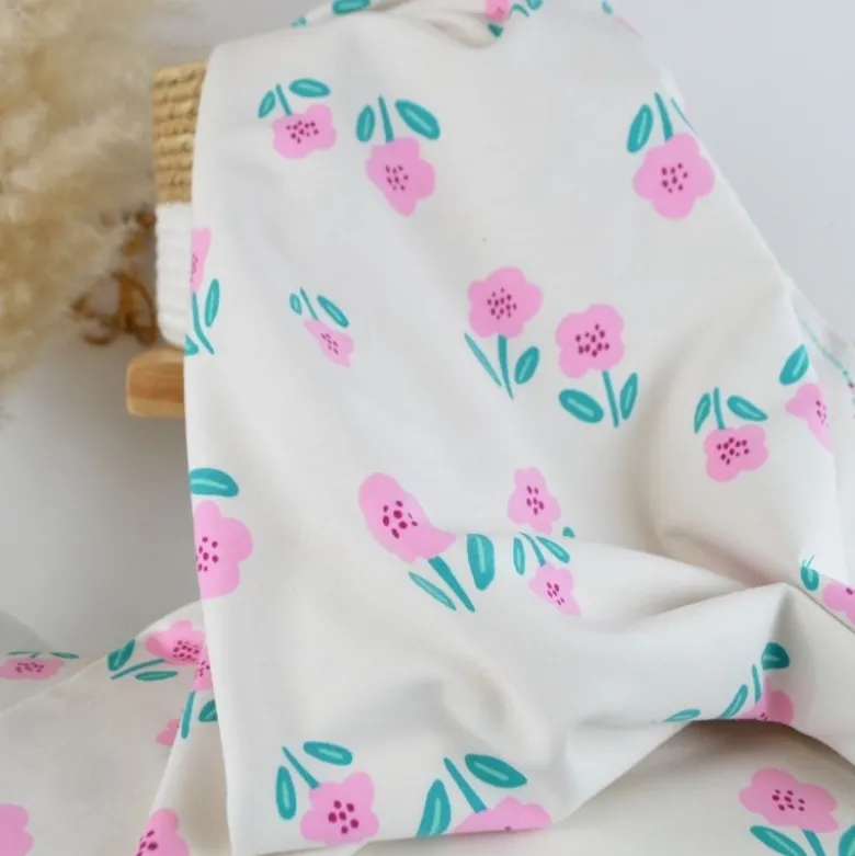 Tissu Sweat French Terry Motif fleurs fond blanc cassé - Poppy