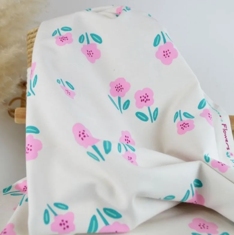 Tissu Sweat French Terry Motif fleurs fond blanc cassé - Poppy