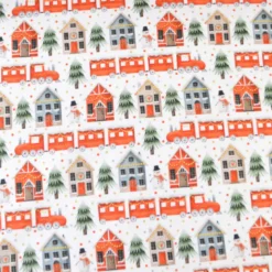 Tissu Sweat molleton de Noël motifs maisons et sapins rouge fond blanc
