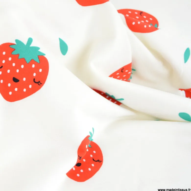 Tissu Sweat molleton motif Fraises fond blanc - Poppy
