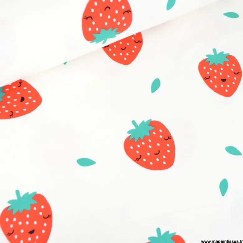 Tissu Sweat molleton motif Fraises fond blanc - Poppy