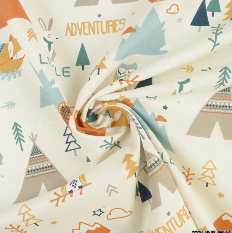 Tissu Tamias coton imprimé Little Adventure Ocre et Sapin - OEKO TEX