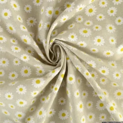 Tissu toile aspect lin Daisy motifs marguerites fond lin - OEKO TEX
