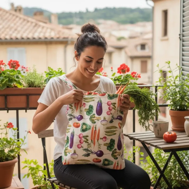 Tissu toile aspect lin Jardinière – Motif légumes
