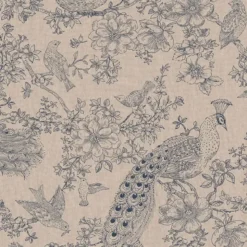 Tissu toile aspect lin – Motif paon & oiseaux bleus