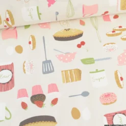 Tissu toile aspect lin motif patisserie et gateaux fond lin