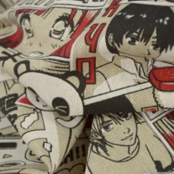 Tissu toile aspect lin motifs Manga Noir et rouge