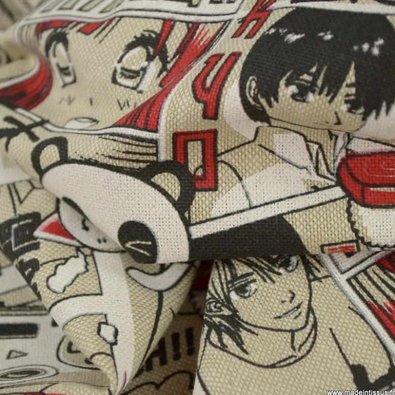 Tissu toile aspect lin motifs Manga Noir et rouge