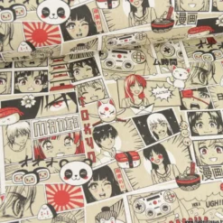 Tissu toile aspect lin motifs Manga Noir et rouge