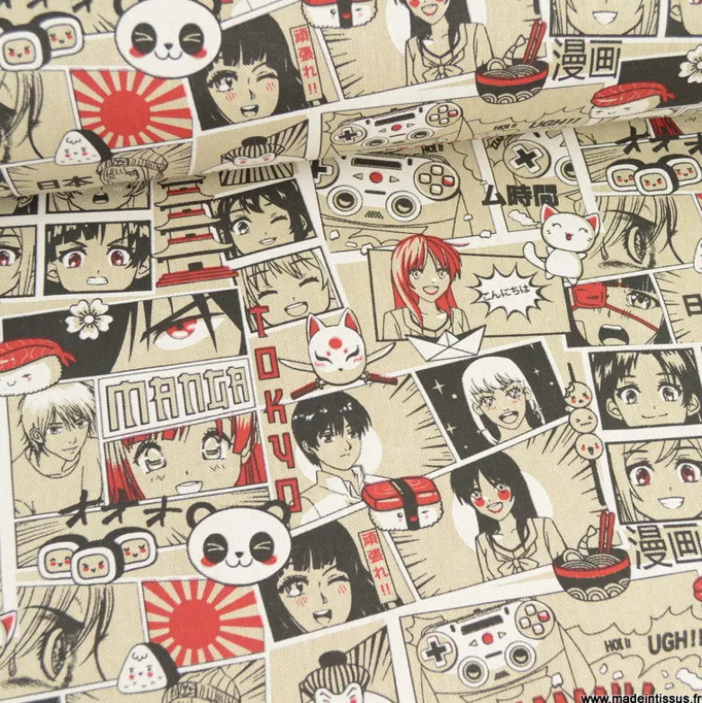 Tissu toile aspect lin motifs Manga Noir et rouge