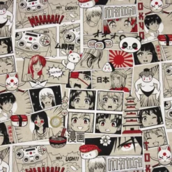 Tissu toile aspect lin motifs Manga Noir et rouge