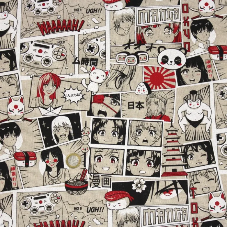 Tissu toile aspect lin motifs Manga Noir et rouge