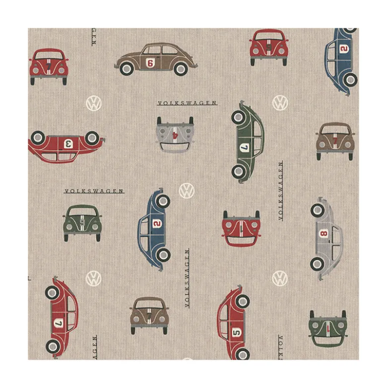Tissu toile aspect lin motifs voiture de collection Coccinelle Volkswagen - OEKO TEX