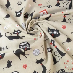 Tissu toile aspect lin motifs Chats et pelotes de laine - OEKO TEX