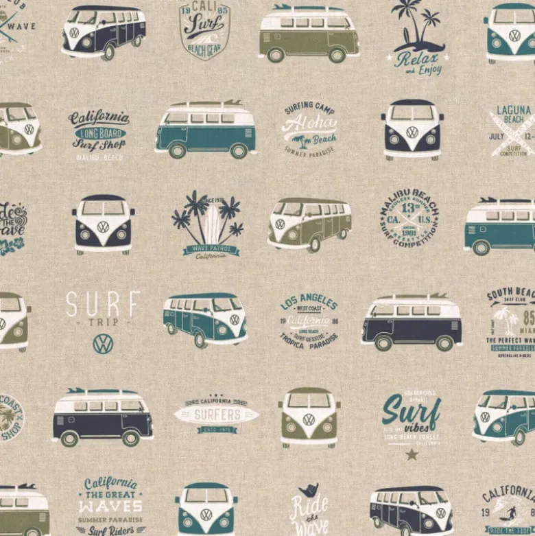 Tissu toile aspect lin motifs Vans et combis Volkswagen - OEKO TEX