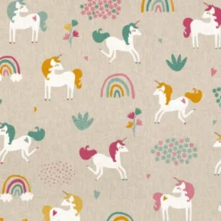 Tissu toile aspect lin motifs Licorne - OEKO TEX