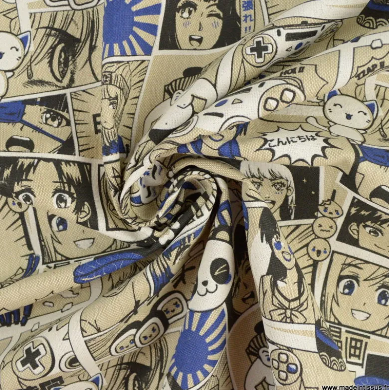 Tissu toile aspect lin motifs Manga indigo