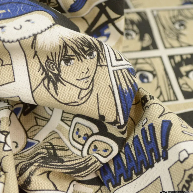 Tissu toile aspect lin motifs Manga indigo