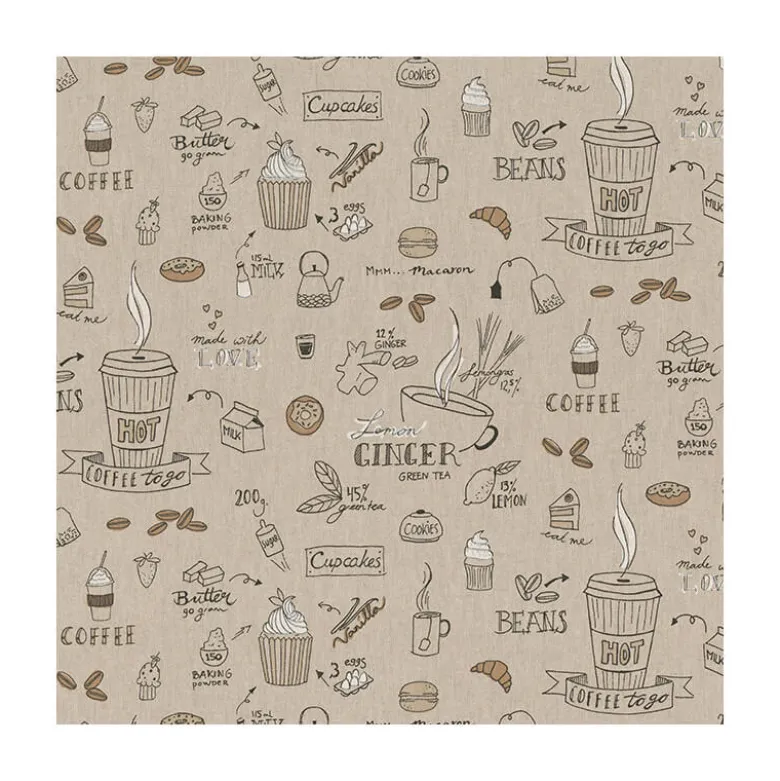 Tissu toile aspect lin motifs cupcake, café, cuisine - OEKO TEX