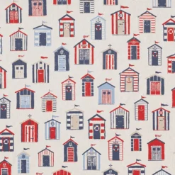 Tissu toile aspect lin motifs cabanes de plage bleues et rouges - OEKO TEX