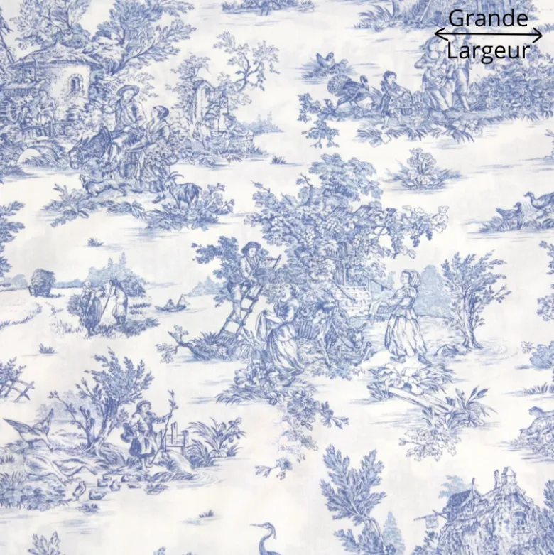 Tissu Toile de Jouy mini pastorale Bleu et blanc - Grande Largeur