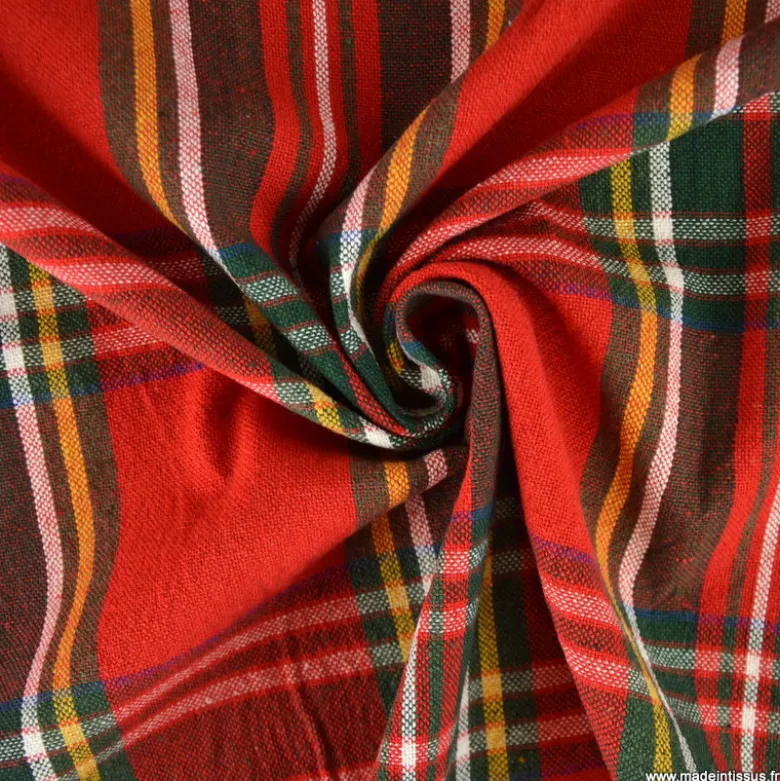 Tissu toile demi natté Ecossais rouge et vert