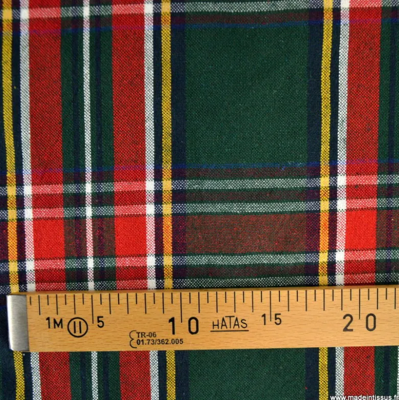 Tissu toile demi natté Ecossais vert et rouge