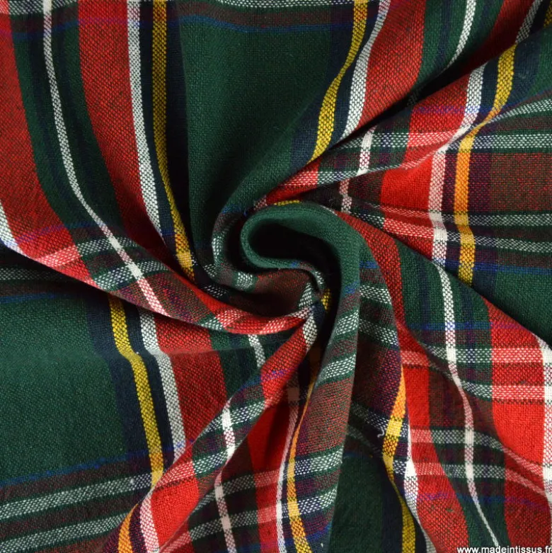 Tissu toile demi natté Ecossais vert et rouge