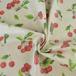 Tissu toile enduite aspect lin motif cerises