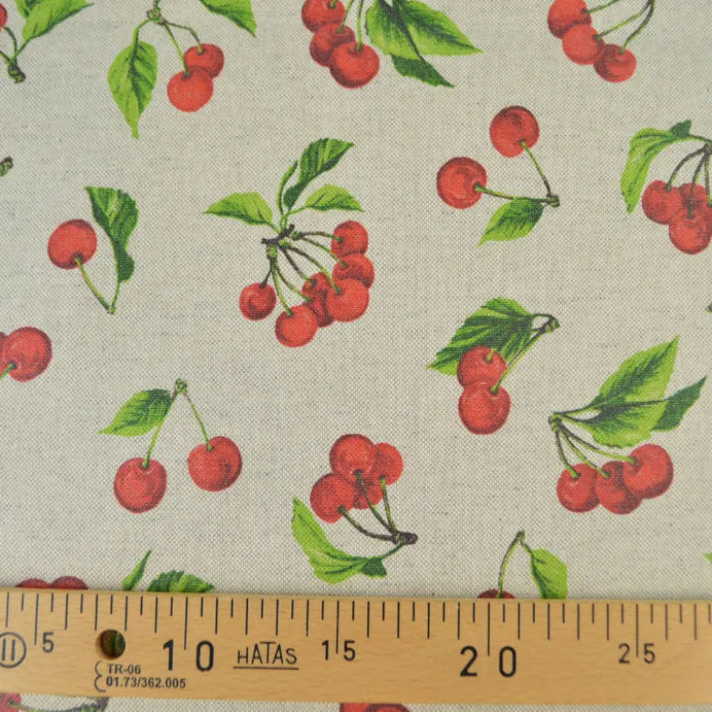 Tissu toile enduite aspect lin motif cerises