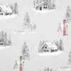 Tissu toile Houches motif chalets, sapins et ski montagne - Naturel