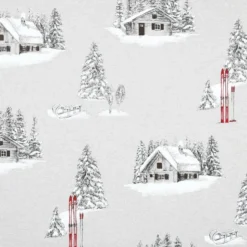 Tissu toile Houches motif chalets, sapins et ski montagne - Naturel
