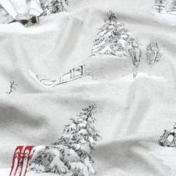 Tissu toile Houches motif chalets, sapins et ski montagne - Naturel