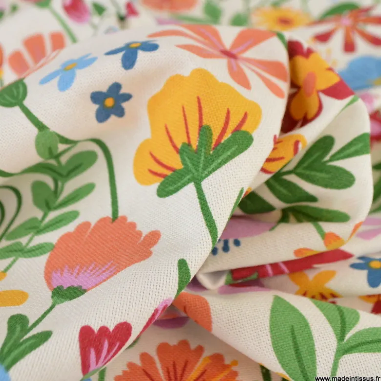 Tissu toile imprimée fleurs multicolores sur fond écru