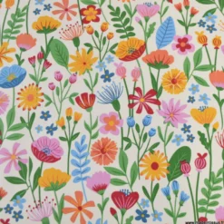 Tissu toile imprimée fleurs multicolores sur fond écru