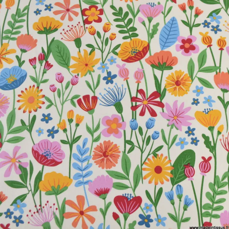Tissu toile imprimée fleurs multicolores sur fond écru