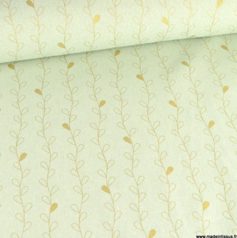 Tissu toile Lurex doré motif branches fond menthe - OEKO TEX