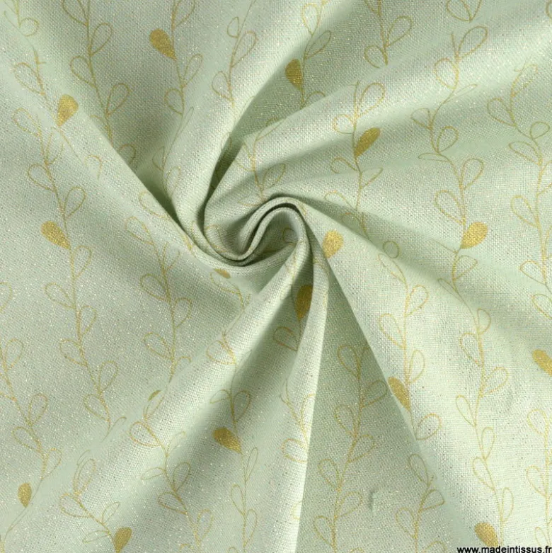 Tissu toile Lurex doré motif branches fond menthe - OEKO TEX