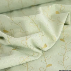 Tissu toile Lurex doré motif branches fond menthe - OEKO TEX