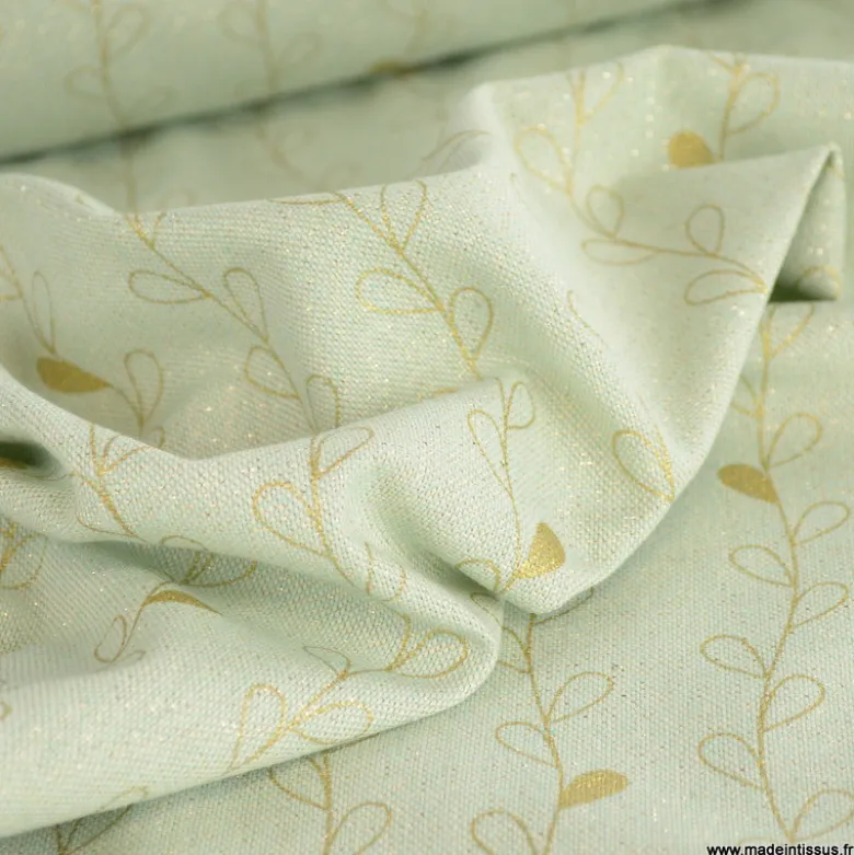 Tissu toile Lurex doré motif branches fond menthe - OEKO TEX