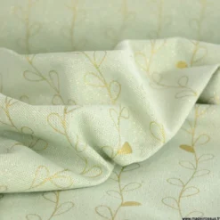 Tissu toile Lurex doré motif branches fond menthe - OEKO TEX