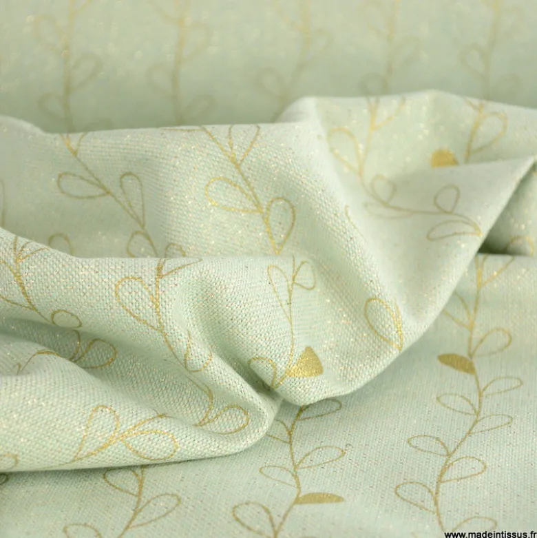 Tissu toile Lurex doré motif branches fond menthe - OEKO TEX