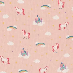 Tissu toile motifs licornes et arcs en ciel fond rose - OEKO TEX