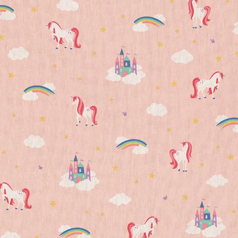 Tissu toile motifs licornes et arcs en ciel fond rose - OEKO TEX