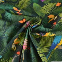 Tissu toile motif tropical perroquets & flamants roses