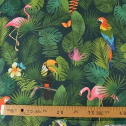 Tissu toile motif tropical perroquets & flamants roses