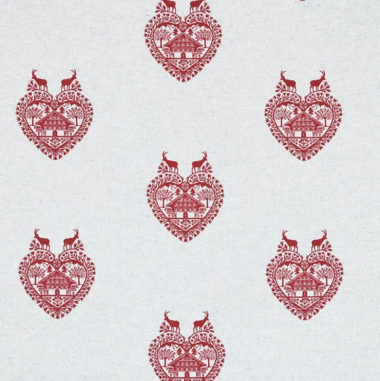 Tissu toile Ruan motif coeurs, chalets et bouquetins Rouge