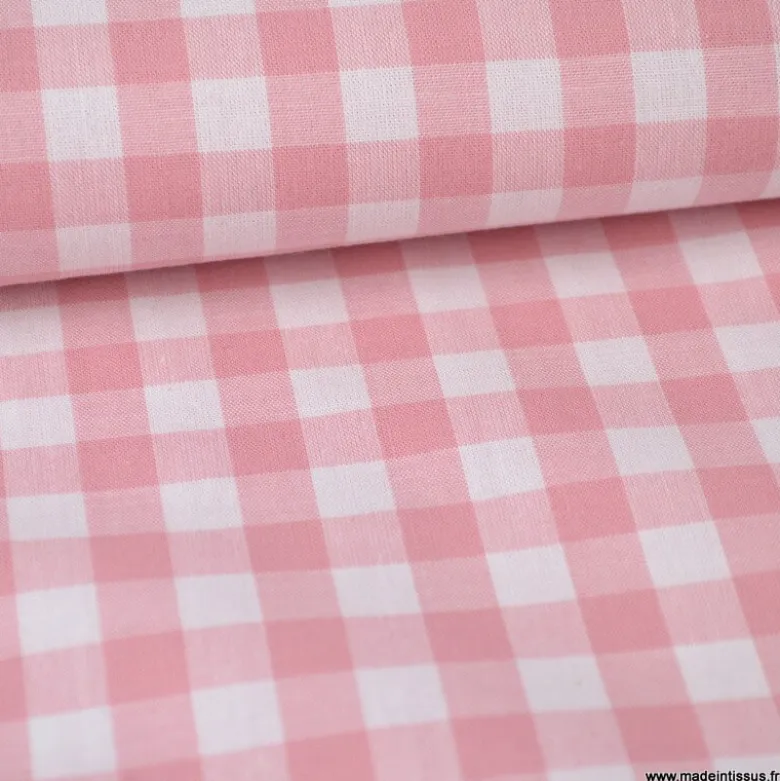 Tissu vichy grands carreaux sur Popeline coloris Vieux Rose - OEKO TEX